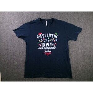 Christmas Shirt Men Large Navy Graphic Most Likely Play Video Games With Santa